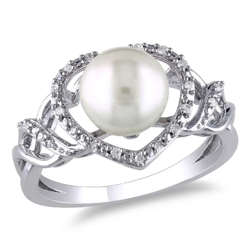 Miadora 8-8.5mm White Cultured Freshwater Pearl and 1/10ct TW Diamond Open Heart Ring in Sterling Silver