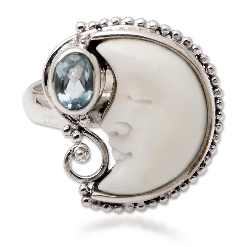 Novica Handmade Sleeping Moon Blue Topaz Cocktail Ring