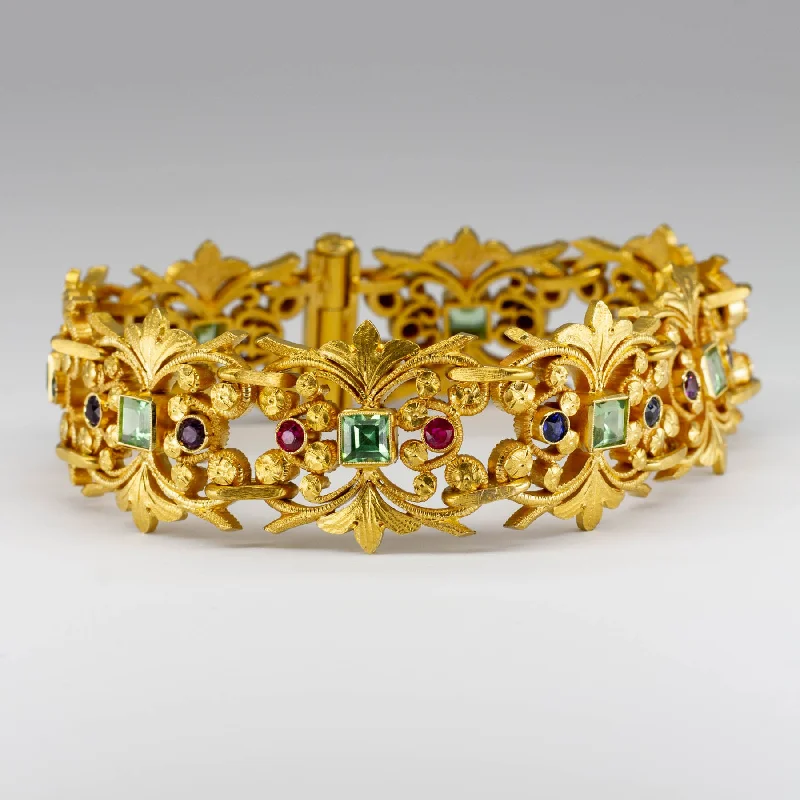 20k Intricate Gold Bracelet with Multiple Gemstones | 6.00ctw | 8"