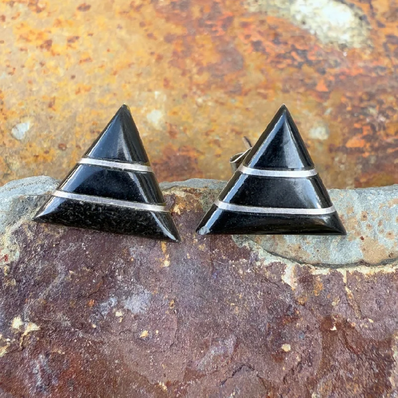 Southwestern Sterling Silver Jet Triangle Pierced Post Earrings