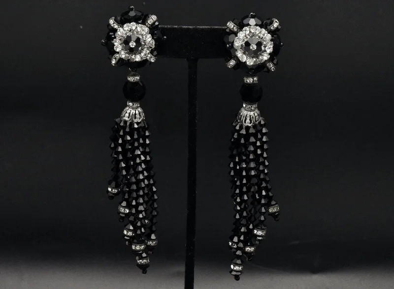 Lois Ann - Vintage Beaded and Rhinestone Clip On Tassel Earrings