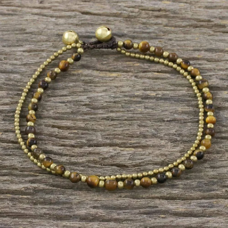 Handmade Brass 'Ringing Beauty' Tiger's Eye Anklet (Thailand) - L - x 9.75" max L x 0.3" W