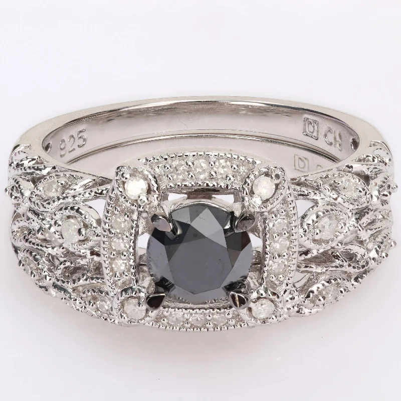 Miadora Sterling Silver 1 1/6ct TDW Black & White Diamond Vintage Bridal Ring Set