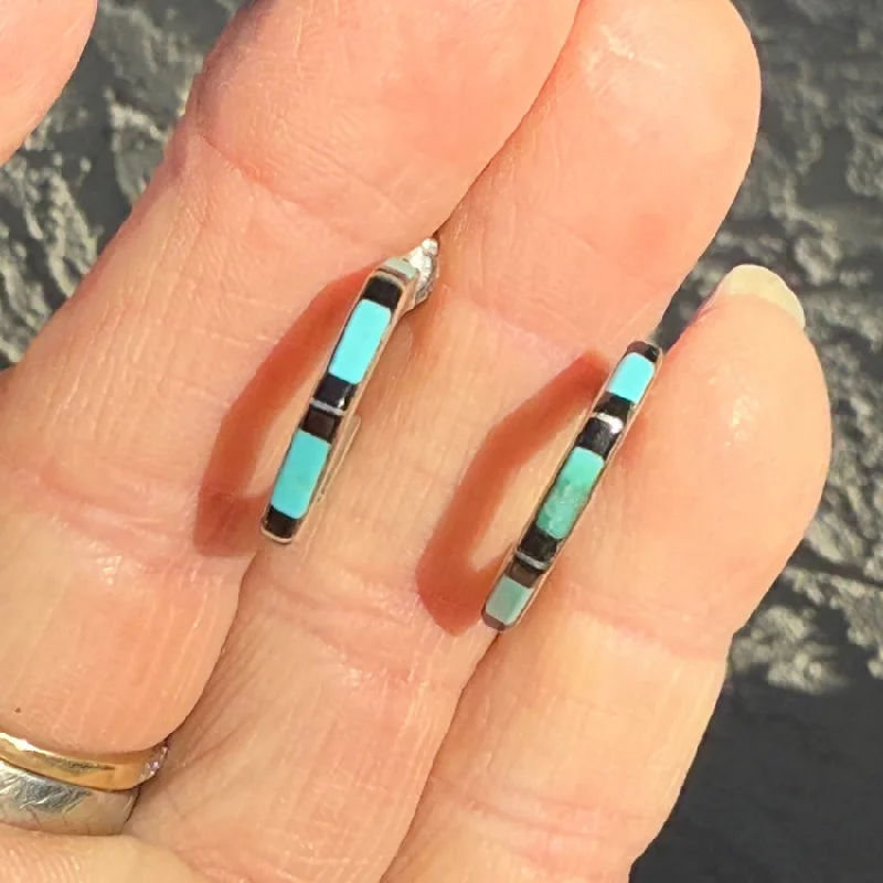 Vintage Sterling Silver Turquoise Jet Inlay Hoop Earrings Post Pierced