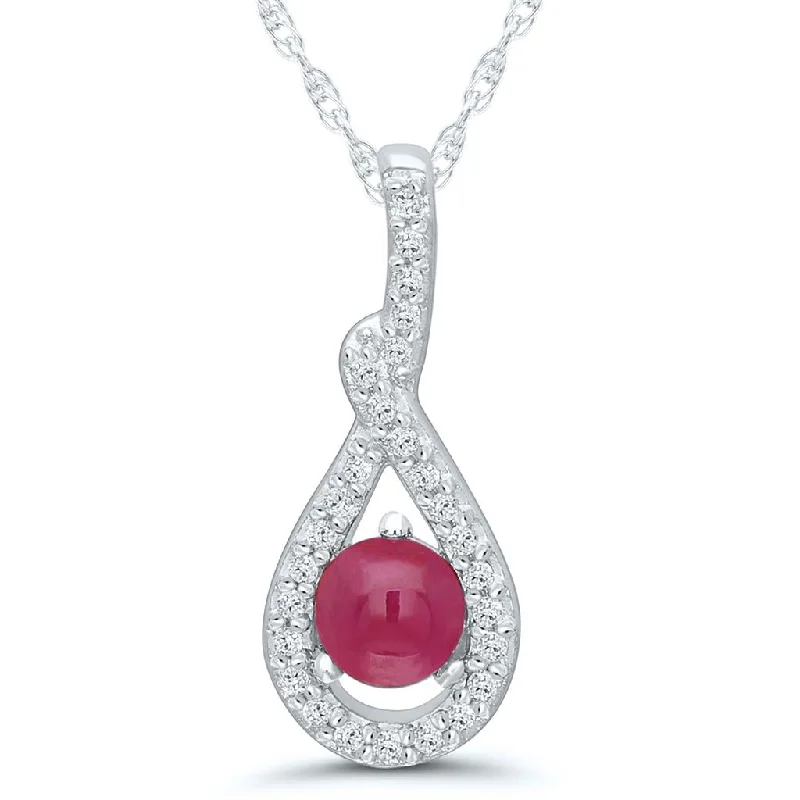 14K White Gold 0.50ctw Cabochon Ruby & Diamond Twist Halo Necklace