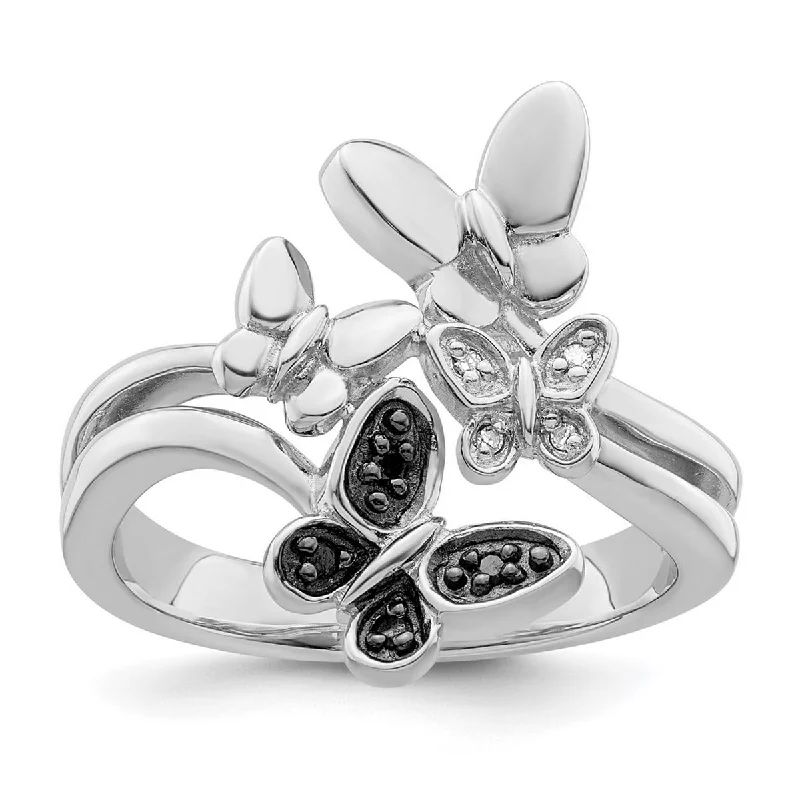 Curata 925 Sterling Silver Polished Prong set White and Black Diamond Butterfly Angel Wings Ring