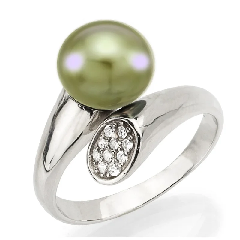 DaVonna Sterling Silver Adjustable Ring 8-9mm Apple Green Pearl with .10tcw Cubic Zirconia - Apple Green