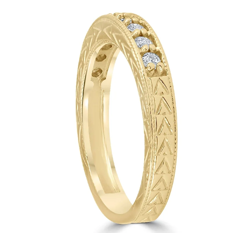 1/4ct Hand Engraved Yellow Gold Diamond Wedding Ring