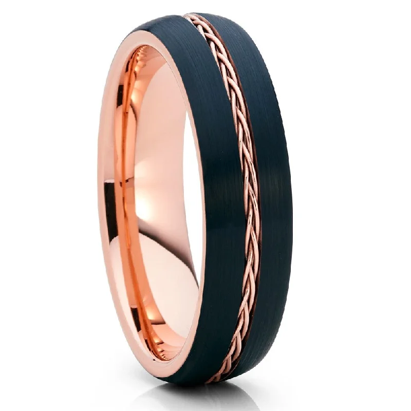 6Mm Rose Gold Black Tungsten Carbide Ring Comfort Fit Wedding Anniversary Band