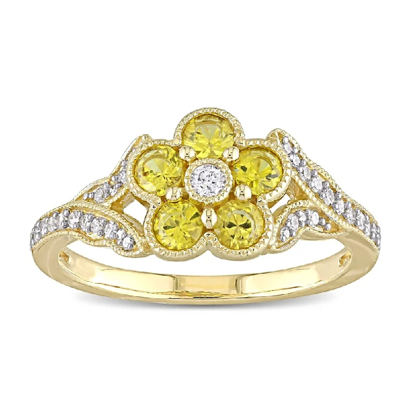 Miadora 10k Yellow Gold Yellow Sapphire and 1/6ct TDW Diamond Split Shank Flower Ring