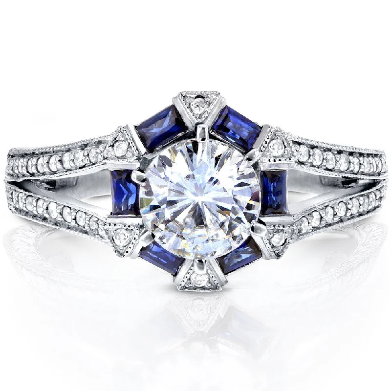 Annello by Kobelli 14k White Gold 1 3/5ct TGW Moissanite and Diamond with Sapphire Accents Art Deco Split Shank Ring