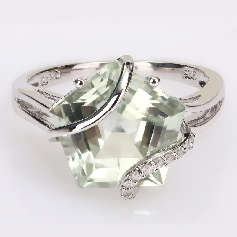 Miadora Fancy-cut Green Amethyst and Diamond Accent Swirl Cocktail Split Shank Ring in Sterling Silver