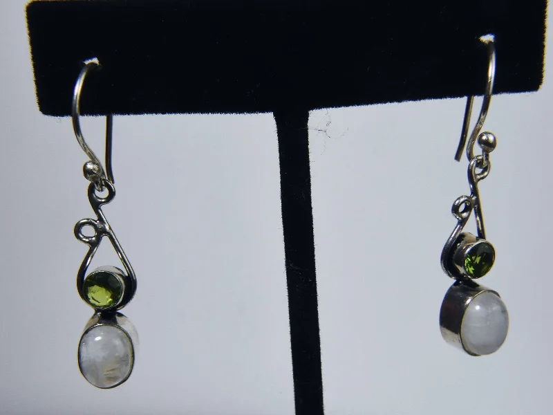 Blue Flash Moonstone and Peridot Silver Earrings