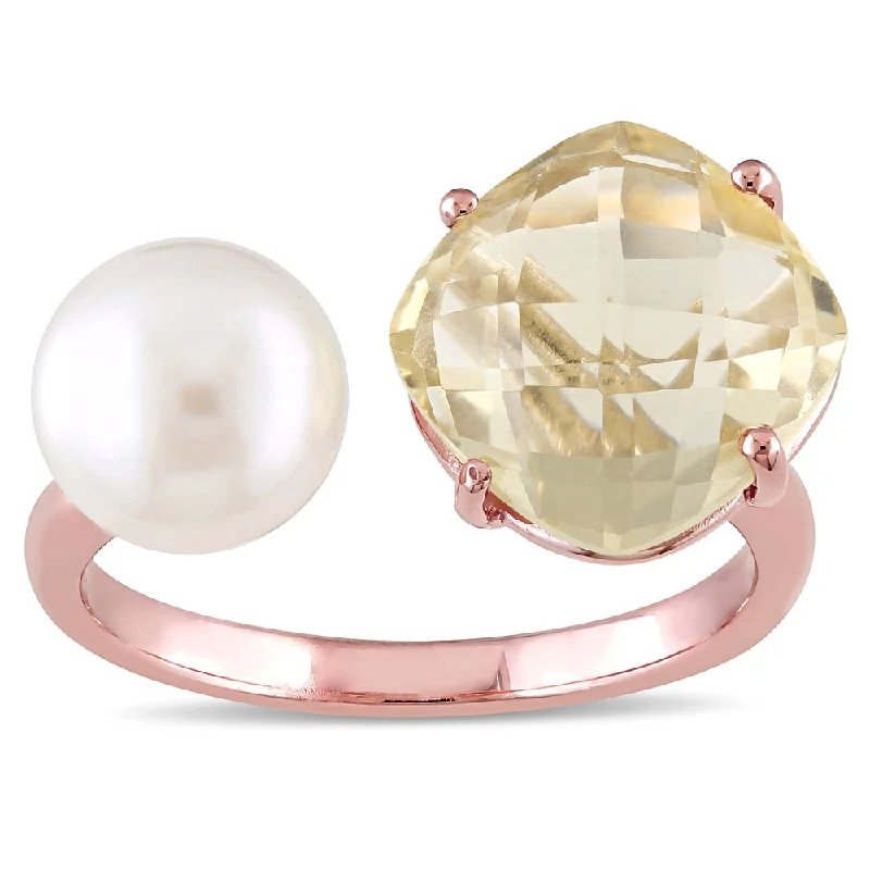 Miadora Rose Plated Silver Lemon Quartz and Freshwater White Pearl Open Cuff Ring - Yellow