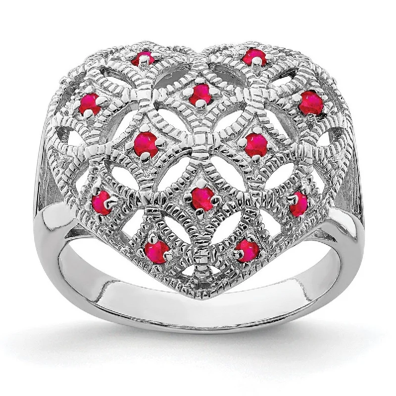 Curata 925 Sterling Silver Textured Polished Open back Ruby Love Heart Ring