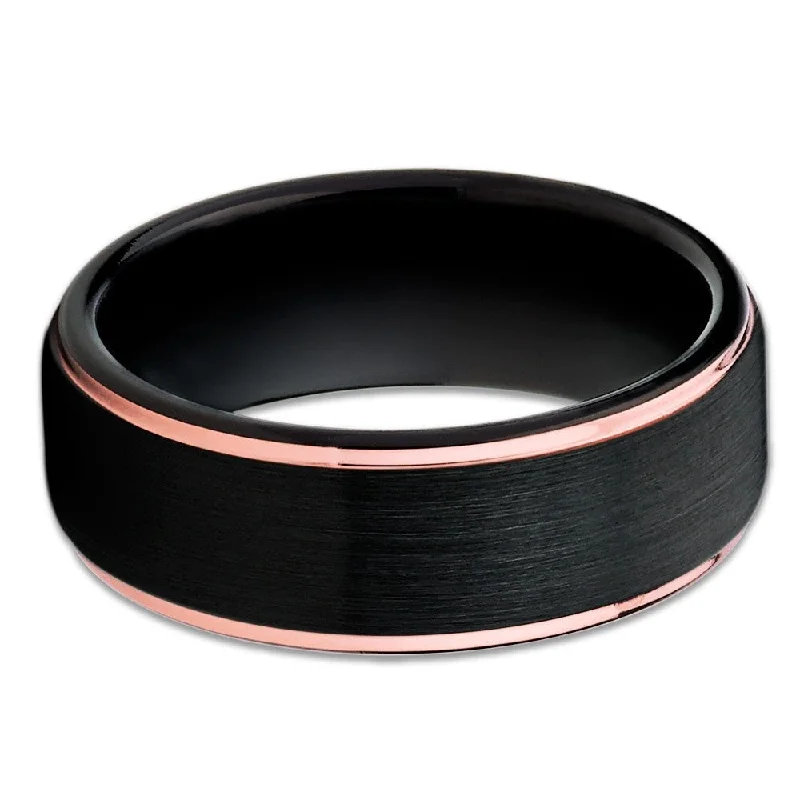 Black Tungsten Wedding Ring 8Mm Black Band With Rose Gold Plating Comfort Fit