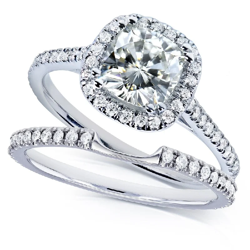 Annello by Kobelli 14k White Gold 1 1/2ct TGW Near Colorless (H-I) Moissanite with Diamond Halo Bridal Rings Set