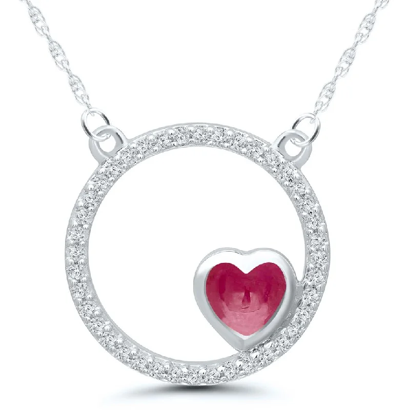 14K White Gold 0.53ctw Heart Shaped Ruby & Diamond Circle Necklace