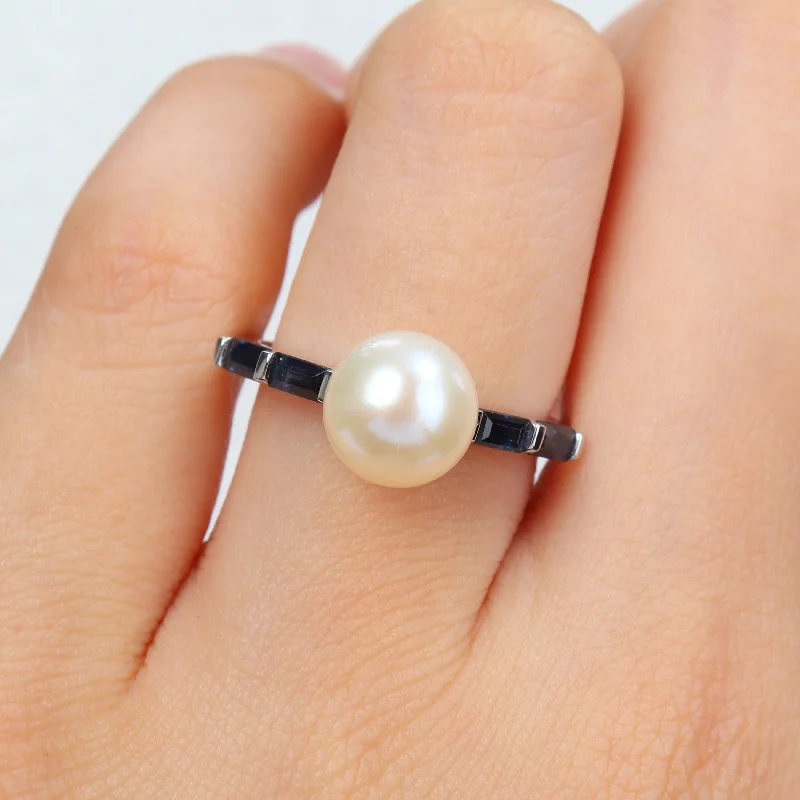 Miadora 8mm Cultured Freshwater Pearl 3/4ct TGW Baguette Sapphire Ring 10k White Gold