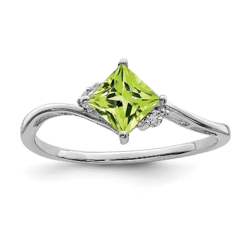 Curata 925 Sterling Silver Polished Open back Rhodium Plated Diamond and Peridot Square Ring