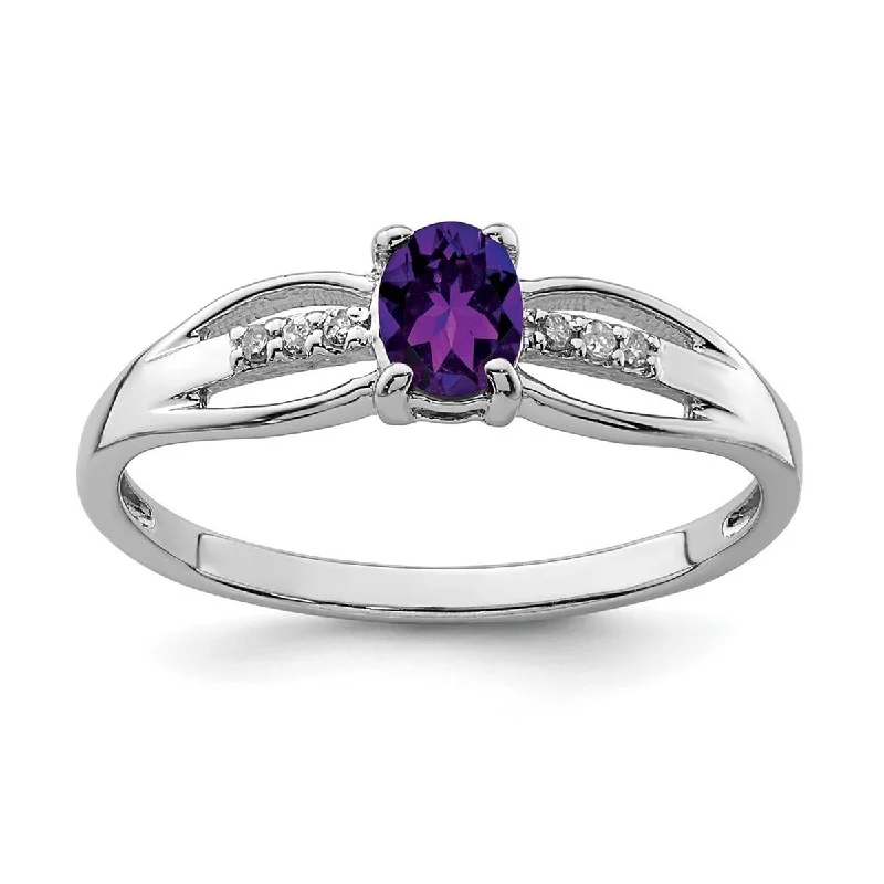 Curata 925 Sterling Silver Rhod Plated Diamond Amethyst Ring