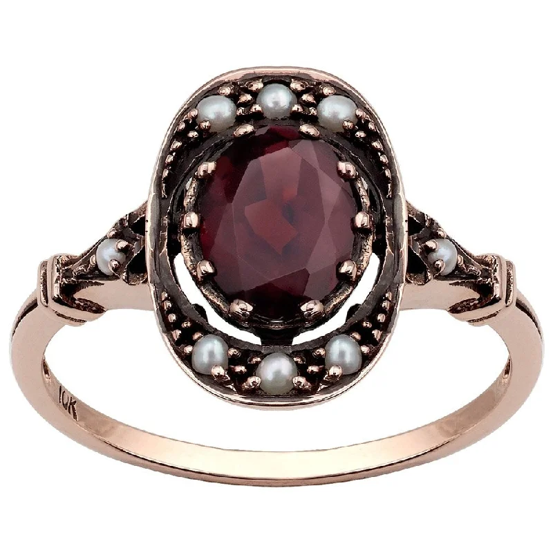 Viducci 10k Rose Gold Vintage Style Genuine Garnet and Pearl Ring - Brown