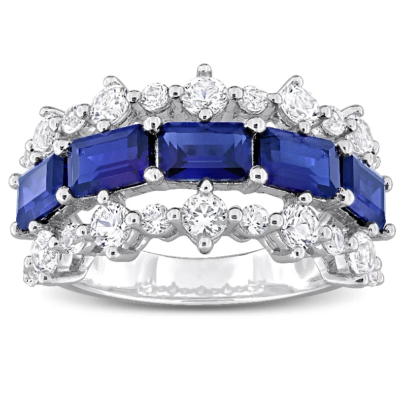 Miadora 6 4/5ct TGW Created Blue Sapphire and Created White Sapphire Three Row Ring in Sterling Silver