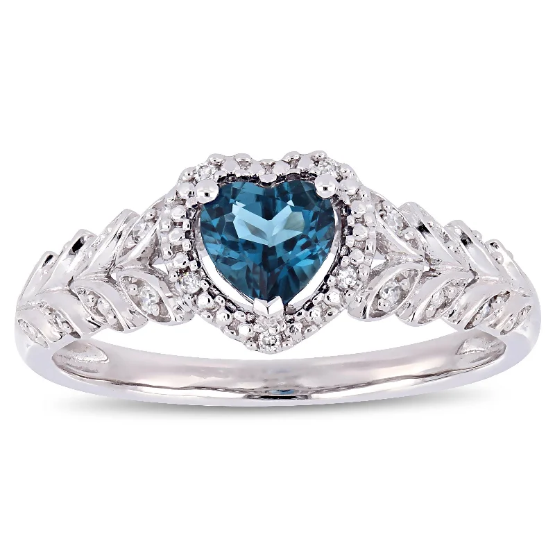 Miadora 10k White Gold London-Blue Topaz and Diamond Heart Halo Ring