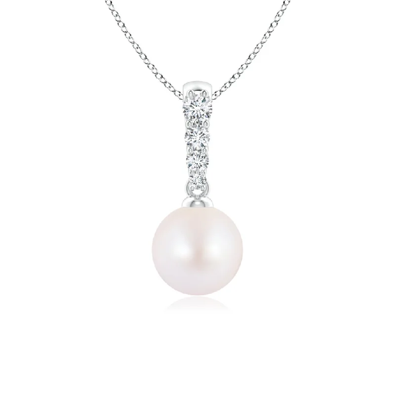 14K White Gold 7-7.5mm Akoya Pearl & Diamond Drop Necklace