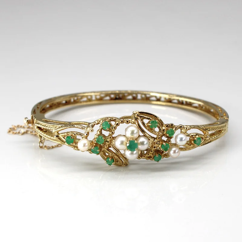 9k Gold Vintage Emerald & Pearl Filigree Bangle | 1.20ctw | 7"|