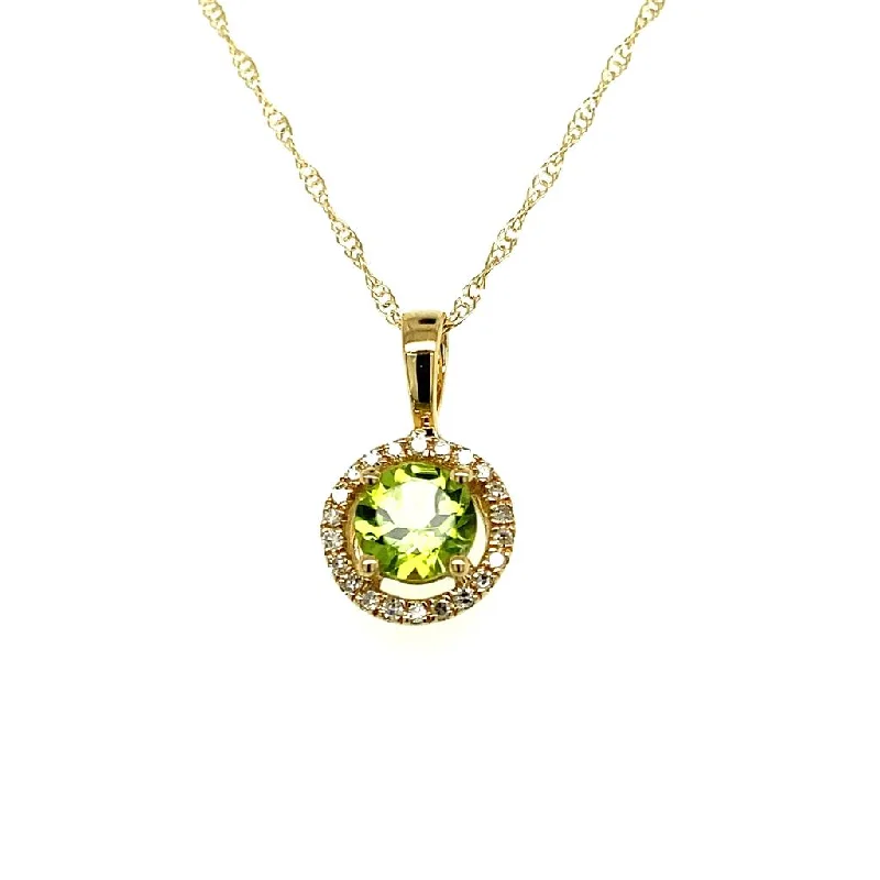 14K Yellow Gold 0.61ctw Round Peridot & Diamond Halo Necklace