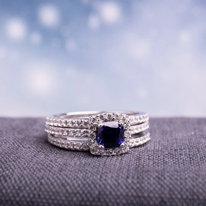 Miadora Sterling Silver Created Blue and White Sapphire Bridal Ring Set