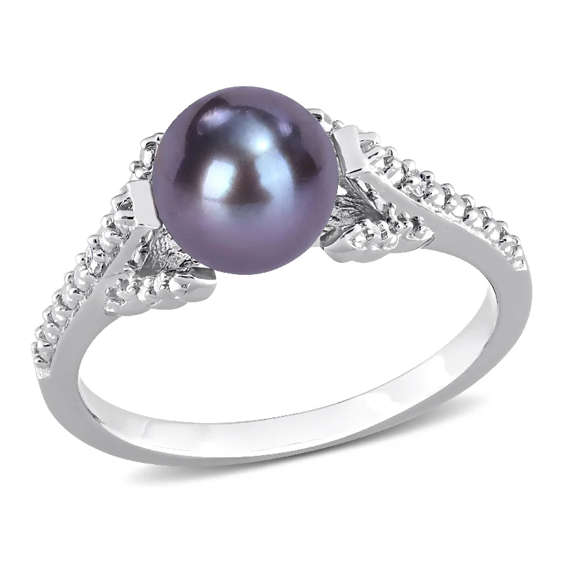 Miadora 7-7.5mm Black Cultured Freshwater Pearl and Diamond Accent Split Shank Ring in Sterling Silver